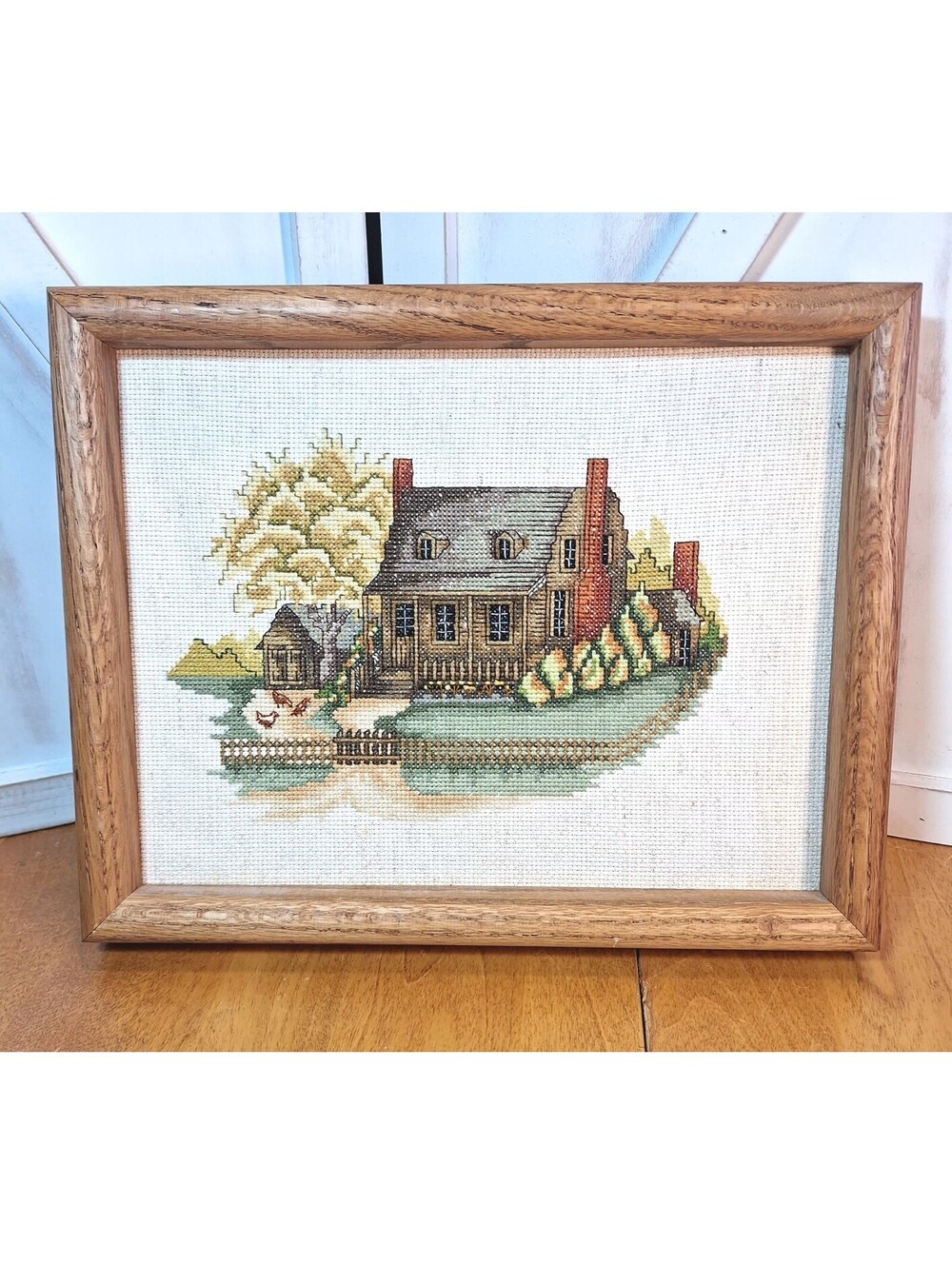VTG Framed Needlepoint Art Autmn/Fall Farmhouse  Handmade 12" X 9.5" X 1.5"deep